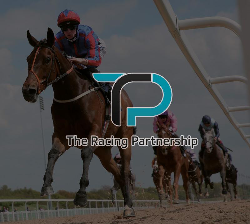 Group of jockeys racing with The Racing Partnership logo on top.