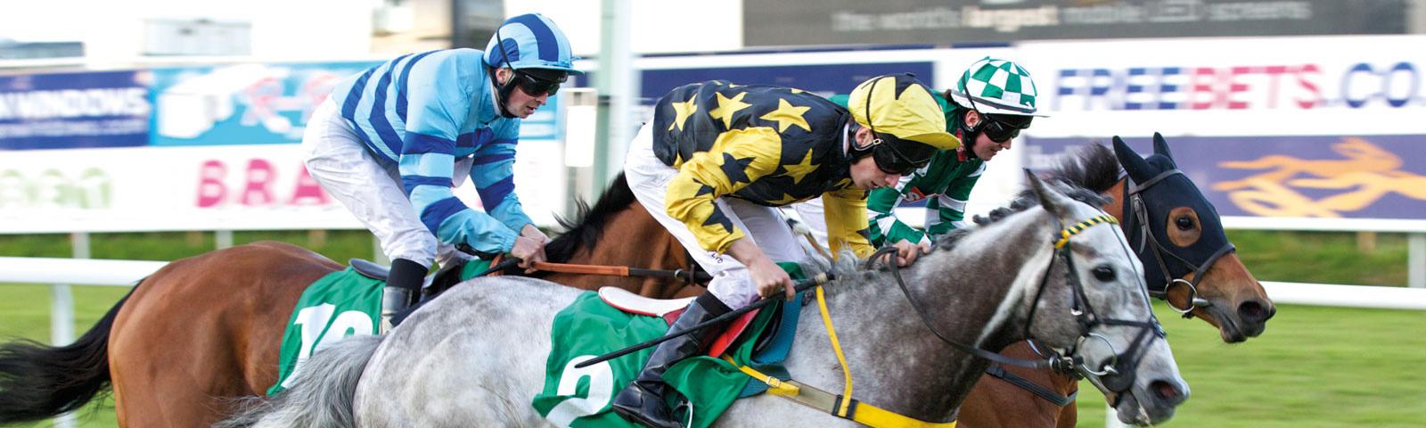 Three jockeys racing with advertising hoarding behind them.